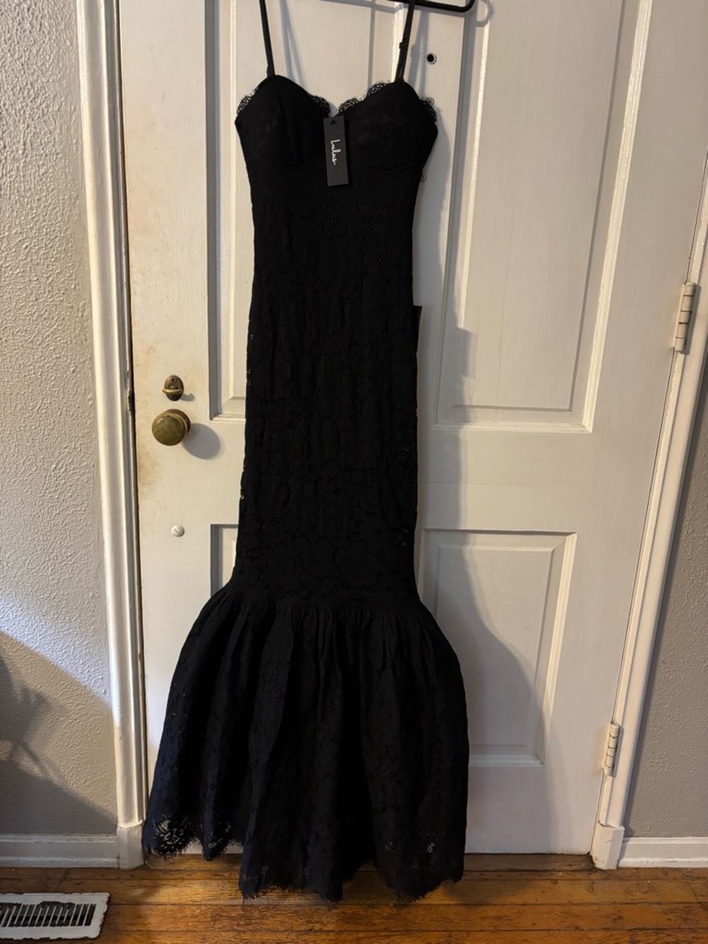 Lulus Instinctively Stunning Black Lace Bustier Trumpet Maxi Dress XS NWT